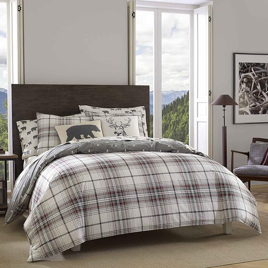 Eddie Bauer - Twin Comforter Set, Reversible Bedding with Matching Sham, Medium-Weight for Year Round Use, Dorm Essentials (Alder Grey/Red)