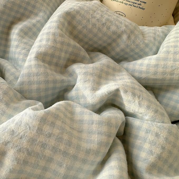 HighBuy King Comforter Set Blue Gingham Comforter for Women Men,Modern Chic Plaid Comforter Set with Ruffle Lace Fluffy Soft Grid Gingham Bedding Set Checkered Comforter with 2 Pillowcases