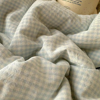 HighBuy Blue Gingham Comforter Set Queen Size with Lace Ruffles,Farmhouse Modern Blue Plaid Checkered Comforter Set Grid Bedding Sets Fluffy 3 Pieces,Gingham Bed Comforter with 2 Pillowcases