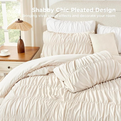 Andency Ruched Beige Full Size Comforter Sets, Shabby Chic Pleatd Bedding Sets 3 Pieces, Lightweight Soft Boho Ruffle Bed Set for Girls, Kids, Women, All Season