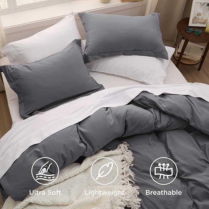 Bedsure Dark Grey Duvet Cover King Size - 3 Pieces Prewashed Cotton-Like Polyester Extra Soft Bedding Set, Includes 1 Duvet Cover 104x90 Inches with Zipper Closure & 2 Pillow Shams, No Comforter