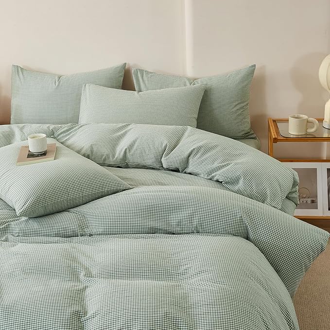 Sage Green Gingham Duvet Cover Twin Washed Cotton Plaid Comforter Cover Twin Boho Farmhouse Soft Breathable Duvet Cover Set with Zipper Checkered Patterned Bedding Set Cute Duvet Protector