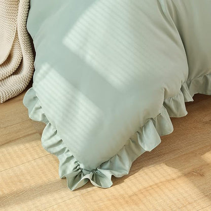 JANZAA Twin Comforter Set Sage Green Comforter Set 2PCS Ruffled and 1 Pillow Case Fluffy Vintage Farmhouse Shabby Chic Bedding Soft All Season