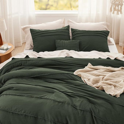 Bedsure Twin Comforter Set - 3 Pieces Pinch Pleat Bed Set, Olive Green Boho Bedding for All Season, 1 Soft Comforter, 1 Pillowcase, 1 Decorative Pillow