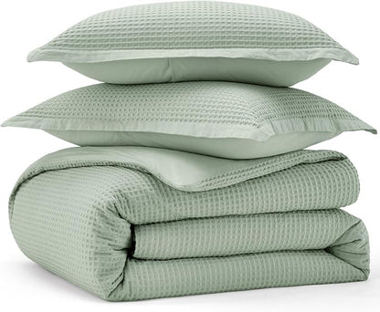 Bedsure Cotton Duvet Cover King - 100% Cotton Waffle Weave Sage Green Duvet Cover King Size, GentleSoft™ and Breathable Bedding Set for All Season, 3 Pieces, 104"x90"