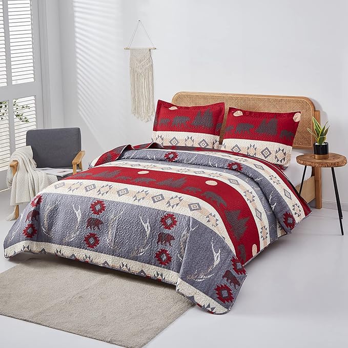 Ycosy Lodge Bear Quilt Set Full/Queen Size Cabin Rustic Bedspread Coverlets Reversible Quilts Lightweight Lodge Bedding Set Bear Sunset Printed Bed Covers,1 Quilt + 2 Pillow Shams