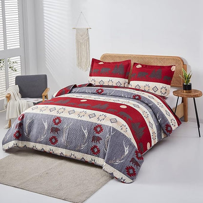 Ycosy Lodge Bear Quilt Set Full/Queen Size Cabin Rustic Bedspread Coverlets Reversible Quilts Lightweight Lodge Bedding Set Bear Sunset Printed Bed Covers,1 Quilt + 2 Pillow Shams