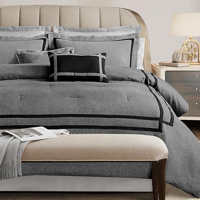 Wonderful Hotel Comforter Set King 8-Piece Gray Hydro-Brushed Wooly Feel Modern Luxury Bedding Comforter with Matching Fitted Sheet,Flat Sheet,Pillow Sham,Decorative Pillows for All Seasons
