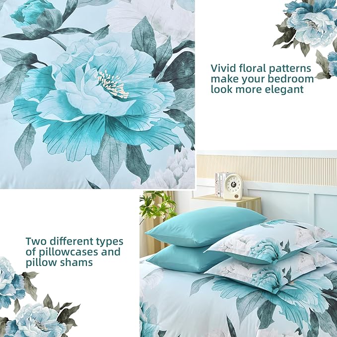 Dobuyly Floral Comforter Set Full Size 7 Piece Bed in a Bag, Aqua Flowers Printed on Light Blue Comforter Set with Sheets, Soft Microfiber Botanical Complete Bedding Set for All Season