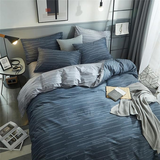 HighBuy Navy Stripe Comforter Set 3 Pieces King Gingham Bedding Set Fluffy Down Alternative Dark Blue Striped Comforter King Art Decor Modern Chic Comforter with 2 Pillowcases All Season