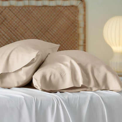 Bedsure Pillow Cases Queen, Cooling Pillow Cases, Rayon Derived from Bamboo Beige Pillowcases Queen Size Set of 2, PureWoven Silky Soft Bedding Pillow Covers with Envelope Closure, 20x30 Inches