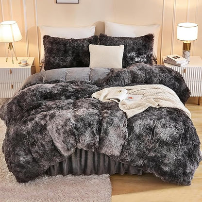 Andency Faux Fur Tie-Dyed Dark Grey Comforter Set Full Size, 3 Pieces Fluffy Fuzzy Plush Bedding Comforter Set (1 Shaggy Velvet Comforter & 2 Pillowcases), Soft Puffy Down Comforter Bedding Set