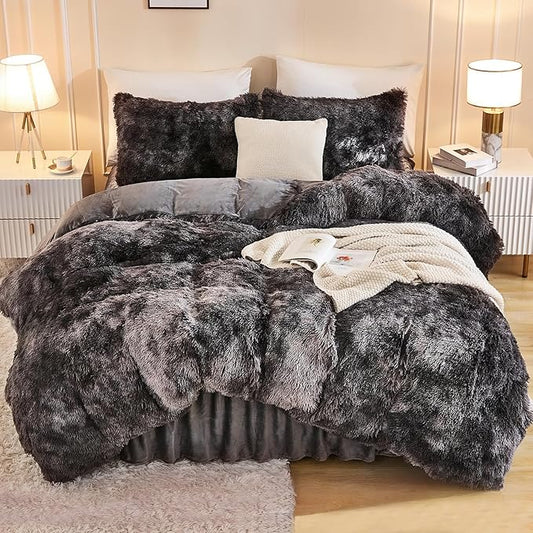 Andency Faux Fur Tie-Dyed Dark Grey Comforter Set Full Size, 3 Pieces Fluffy Fuzzy Plush Bedding Comforter Set (1 Shaggy Velvet Comforter & 2 Pillowcases), Soft Puffy Down Comforter Bedding Set