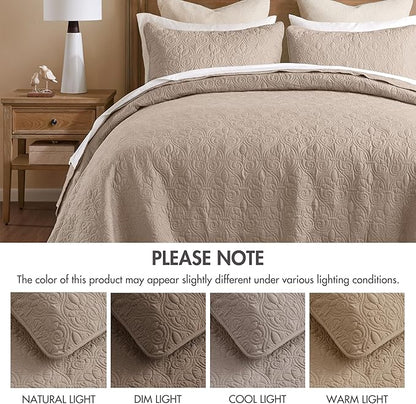 Madison Park Quebec Reversible Quilt Set Damask Design, Double Sided Stitching All Season, Lightweight Bedspread Bedding Set, Matching Sham, Khaki, Queen(102"x118") 3 Piece