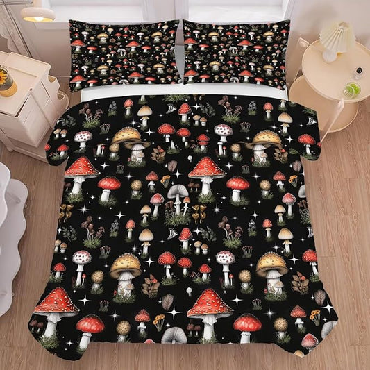 Mushroom Bedding Set King Size Black Burgundy Plant Comforter for Girls Boys Women Bedroom Decor Vintage Woodland Quilt Bed Sets, 1 Comforter 2 Pillowcases