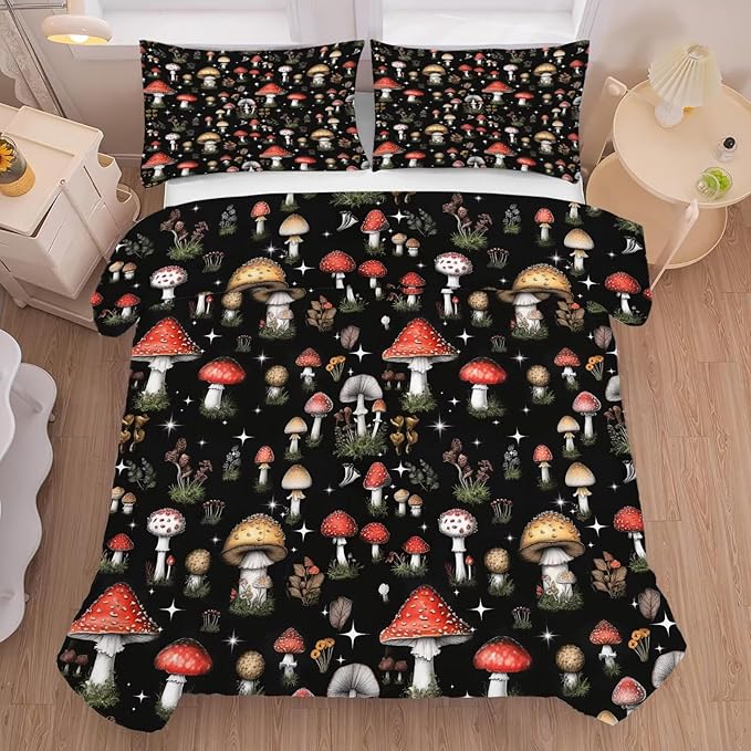 Mushroom Comforter Set Twin Size Black Burgundy Plant Bedding for Kids Girls Boys Bedroom Decor Vintage Woodland Quilt Bed Sets, 1 Comforter 1 Pillowcase