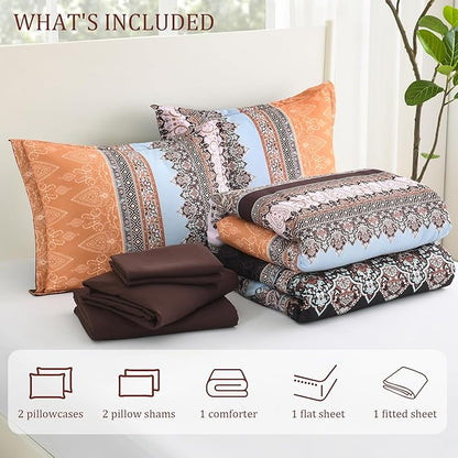 Boho King Size Comforter Set - 7 Pieces Bed in a Bag Bohemian Striped Comforter Set with Sheets, Soft Microfiber Brown Floral Bedding Sets for All Seasons (Brown, King)