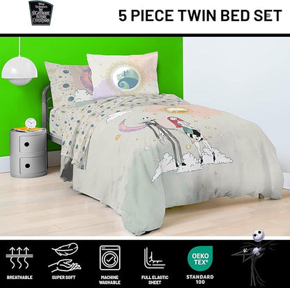 Disney Nightmare Before Christmas Twin Size Comforter Set - 5 Piece Jack and Sally Bedding Includes Sheet Set & Pillow Covers - Super Soft Ombre Bedding