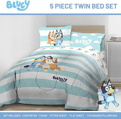 Jay Franco Bluey & Bingo 5 Piece Twin Size Bed Set - Includes Comforter & Sheet Set - Super Soft Kids Bedding Fade Resistant Microfiber (Official Bluey Product)