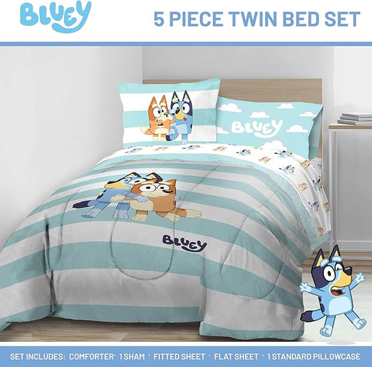 Jay Franco Bluey & Bingo 5 Piece Twin Size Bed Set - Includes Comforter & Sheet Set - Super Soft Kids Bedding Fade Resistant Microfiber (Official Bluey Product)