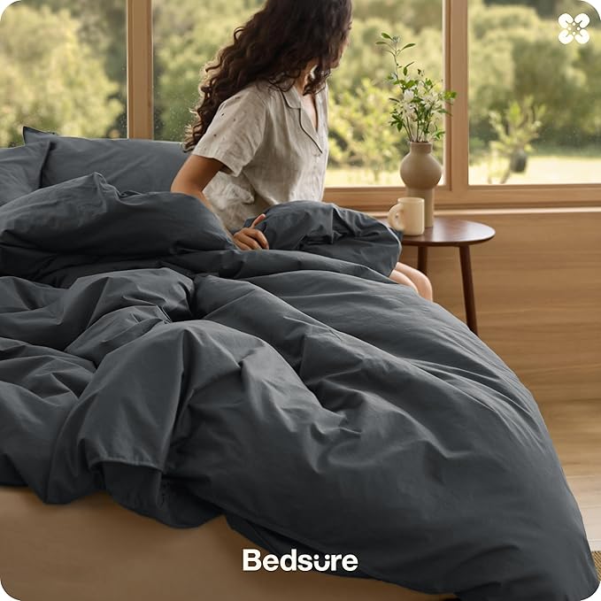 Bedsure Cotton Duvet Cover King - Luxury Slub Weave 100% Cotton Duvet Cover Set, PureWoven Bedding Set with a Linen Like Textured, Easy Change, Charcoal, 104" x 90"