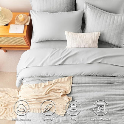 CozyLux King Size Comforter Set Light Grey Seersucker 7 Pieces Bed in a Bag King Comforter Set with Sheets, Light Gray Luxury Bedding Sets with Down Alternative Comforter, Sheets, Pillowcases & Shams
