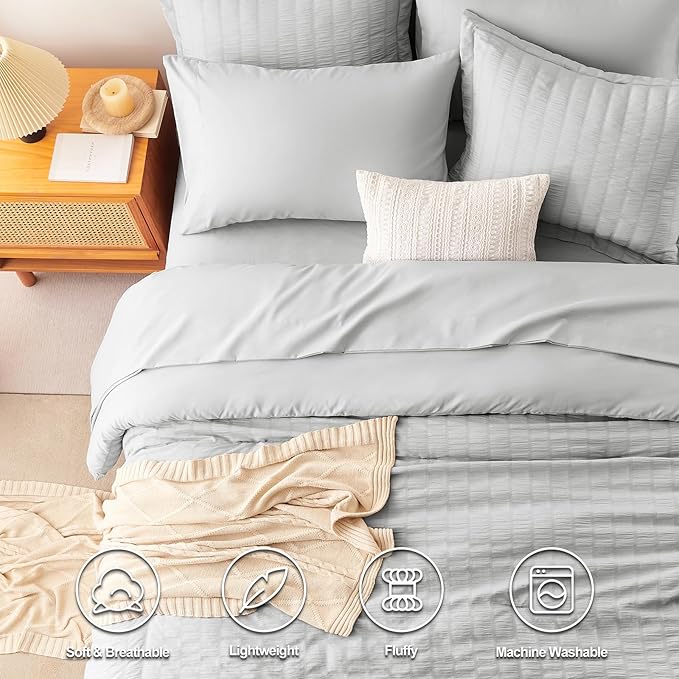 CozyLux Oversized King Comforter Set Light Grey Seersucker 7 Pieces 120x98 Bed in a Bag Comforter Set with Sheets, Light Gray Luxury Bedding Set Down Alternative Comforter, Sheets, Pillowcases & Shams