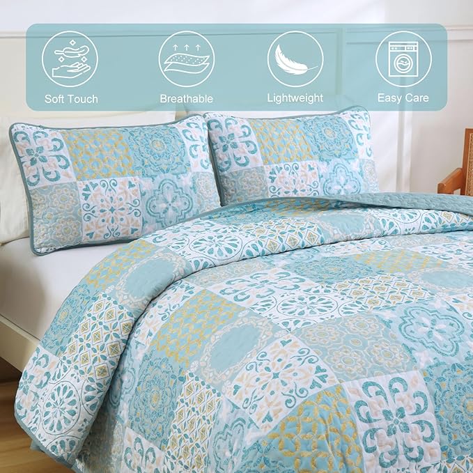Dobuyly Patchwork Quilt Set Queen Size, Aqua Blue Boho Summer Bedspreads Coverlet Set, 3 Pieces Soft Lightweight Microfiber Quilt Bedding Set for All Seasons 96"x90"
