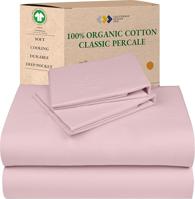 California Design Den Queen Sheet Set - Soft 100% Organic Bed Sheets with Deep Pockets, Crisp Percale, Breathable and Durable Bedding Set (Pink - Chalky Tone)