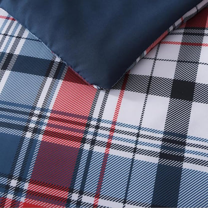 MaiRêve Queen Size Plaid Comforter Set Navy Red, Classic 7 Pieces Farmhouse Bedding Set, All Season Lightweight Bed in A Bag with Sheets, Pillowcases & Shams
