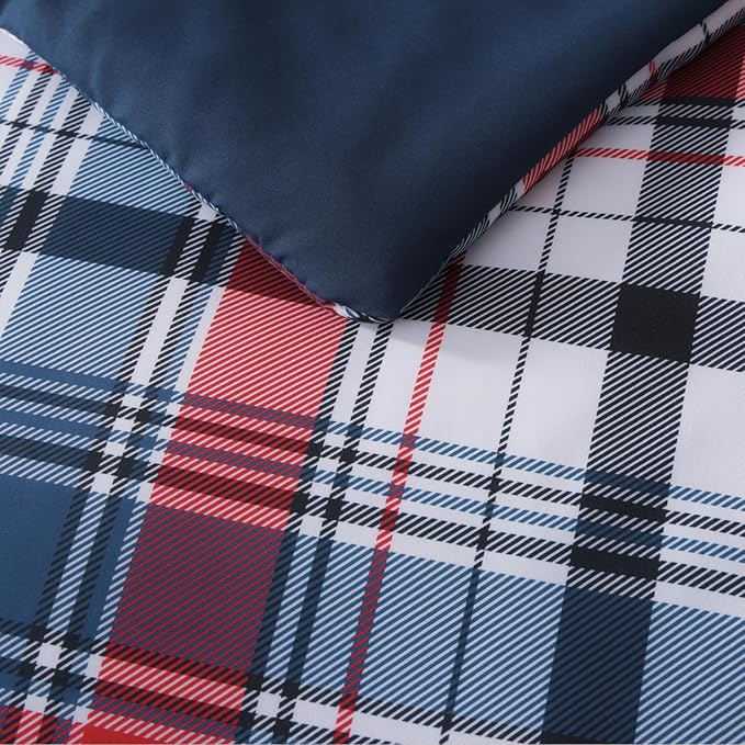 MaiRêve Full Size Plaid Comforter Set Navy Red, Classic 7 Pieces Farmhouse Bedding Set, All Season Lightweight Bed in A Bag with Sheets, Pillowcases & Shams