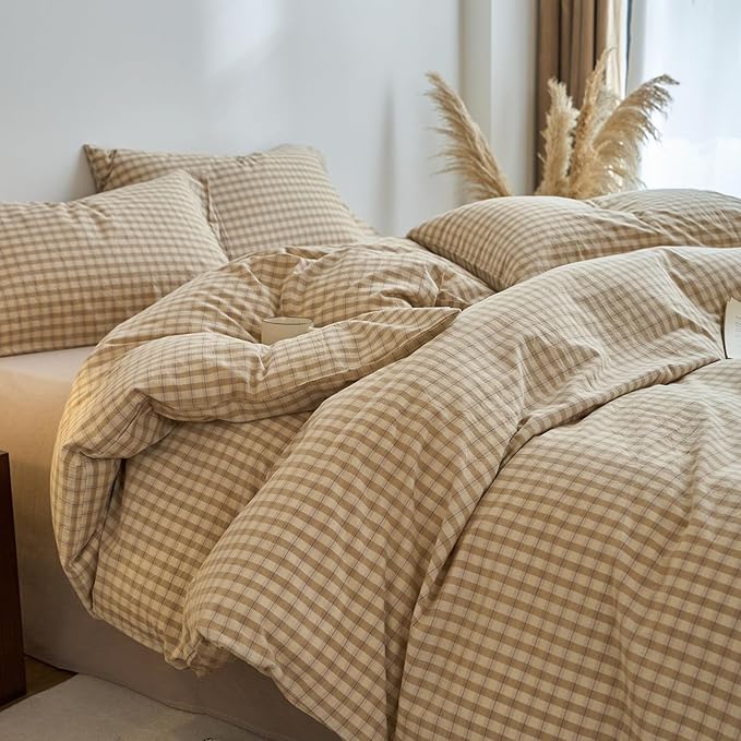 Light Brown Gingham Twin Size Duvet Cover Tan Washed Cotton Comforter Cover Twin Soft Checkered Plaid Zipper Duvet Cover Set with Corner Ties Boho Teenage Bedding Set Farmhouse Duvet Protector