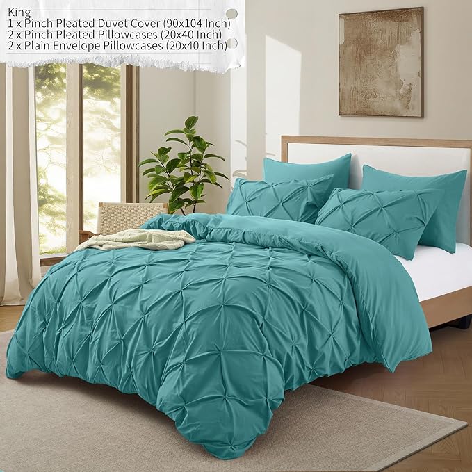 VACVELT 5 Piece Pinch Pleated Duvet Cover King Size Set, Teal Pintuck Duvet Cover with Zipper & 8 Ties, Shabby Chic Microfiber Duvet Cover + 2 Pillow Shams + 2 Pillowcases, No Comforter