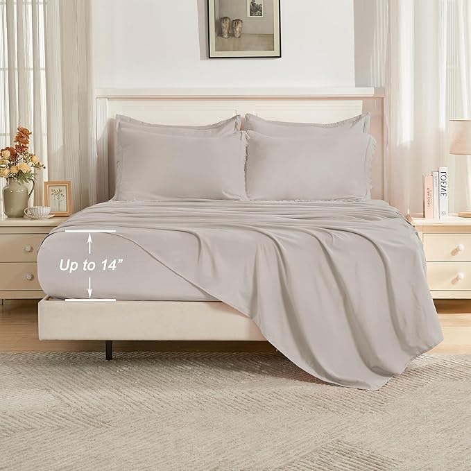 Andency Queen Comforter Set with Sheets Heather Grey - 7 Pieces Boho Tassel Bed in a Bag Soft Lightweight Bedding Sets, Fringe Bed Set with Comforter, Sheets, Pillowcases & Shams
