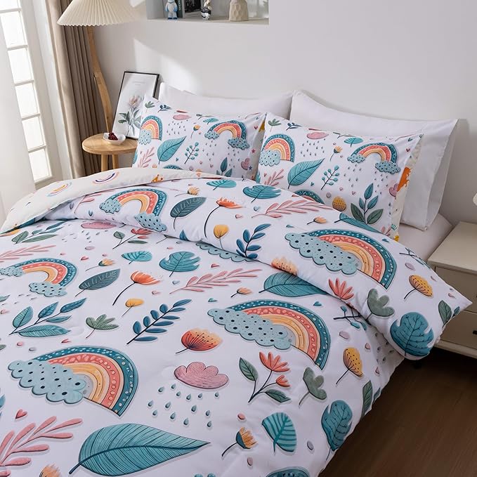 Btargot Lightweight Soft 3 Piece Rainbow Comforter Set with 2 Pillow Covers, Cartoon Leaves Flowers Bedding Set for Girls Boys Kids, Twin Green