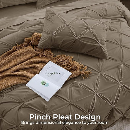 Sasttie California King Comforter Set, 7-Piece Bed in a Bag Cal King, Pintuck Bedding Set for All Season, Includes Comforter, Flat Sheet, Fitted Sheet, Pillowcases and Pillowshams, Brown