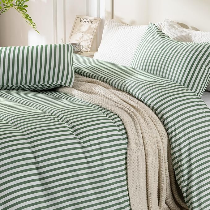 ROSE&RISY Twin Duvet Cover Set, 2 Pieces Soft Bedding Set, Breathable and Cooling Duve Cover Set with 1 Duvet Cover, 1 Pillow Case (Green Stripe, Twin Size)