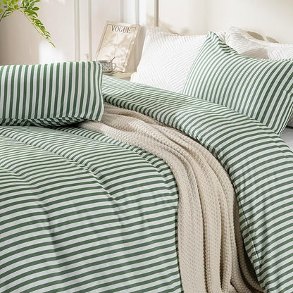 ROSE&RISY Green Queen Duvet Cover Set, 3 Pieces Soft Bedding Queen Set, Breathable and Cooling,Includes 1 Duvet Cover, 2 Pillow Cases(Green Stripe, Queen)
