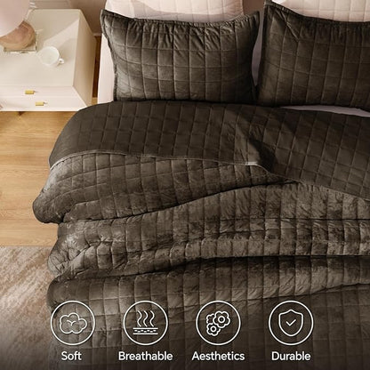 BEDELITE Velvet Quilt Set King Size - Luxury Velvet Comforter Bedding Set 3 Pieces, Lightweight Soft Cozy Mocha Brown Oversized Bedspread Coverlet for All Seasons with 2 Pillow Shams