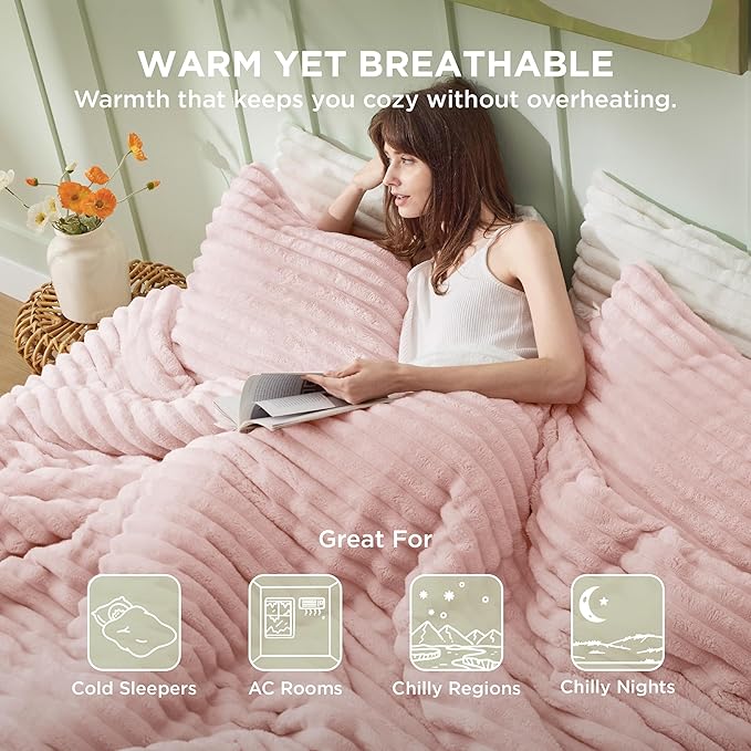 Bedsure Full Size Comforter Sets - GentleSoft™ 3 Pieces Double-Side Fleece Fluffy Pink Comforter Set, Cozy Striped Room Decor Aesthetic, Luxury Full Size Bedding, 2 Pillowcases, 82x86 Inches