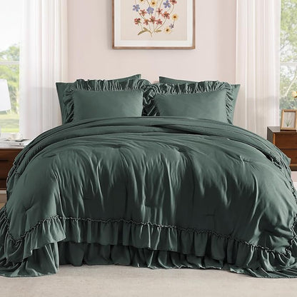 Queen Comforter Set Forest Green, Ruffle Shabby Chic Bedding Set Farmhouse 7 Pieces, All Season Fluffy Bed in a Bag with Sheets, Pillowcases & Shams