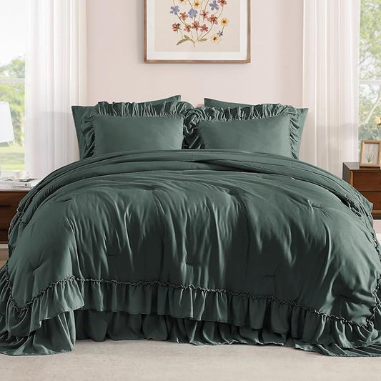 Full Comforter Set Forest Green, Ruffle Shabby Chic Bedding Set Farmhouse 7 Pieces, All Season Fluffy Bed in a Bag with Sheets, Pillowcases & Shams