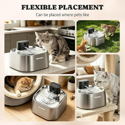 Pawtners Pumpless Cat Water Fountain Stainless Steel 108oz/3.2L, 3 Modes | Automatic Cordless Pet Water Dispenser,Easy Clean,Silent Smart Host,150°Sensor,Motion/Timed/Continuous Mode