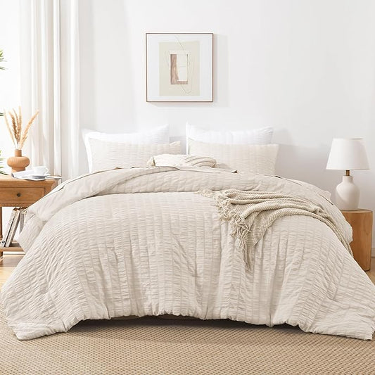 AveLom Beige Seersucker Twin Comforter Set (68x90 inches), 2 Pieces-100% Soft Washed Microfiber Lightweight Comforter with 2 Pillowcases, All Season Down Alternative Comforter Set for Bedding