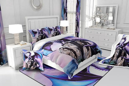 Feelyou Dragon Bedding Duvet Cover Set Full Size 3D Dragon Theme Bedding Set Decor Ancient Wildlife Dragon Deep Animal Magical World Scale Comforter Cover Set Purple Bedspread Cover,No Comforter