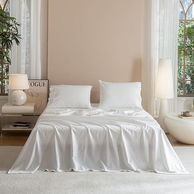 JIYUAN Queen Size Sheet Set, 4-Piece - 100% Washed Cotton, Linen-Like Soft & Breathable, Includes Deep Pocket Fitted & Flat Sheet with 2 Pillowcases, Hotel Quality, Solid Bright White