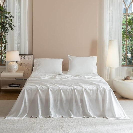 JIYUAN Twin Size Sheet Set, 3-Piece - 100% Washed Cotton, Linen-Like Soft & Breathable, Includes Deep Pocket Fitted & Flat Sheet with 1 Pillowcases, Hotel Quality, Solid Bright White