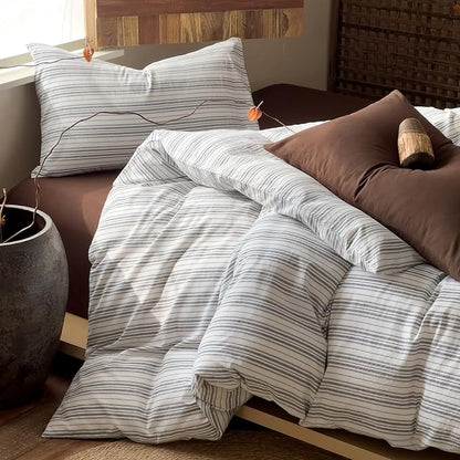 VM VOUGEMARKET Washed Cotton Duvet Cover King – Minimalist Neutral Tone, White Black Stripes,Breathable Lightweight Bedding Set for Contemporary Homes