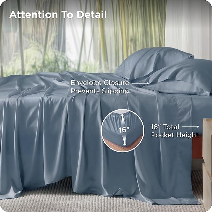 Bedsure California King Sheet Sets, Cooling Sheets, Rayon Derived from Bamboo, PureWoven, Breathable & Soft, Deep Pocket Up to 16 Inches, Hotel Luxury Silky Bedding for Hot Sleepers, Dusty Blue
