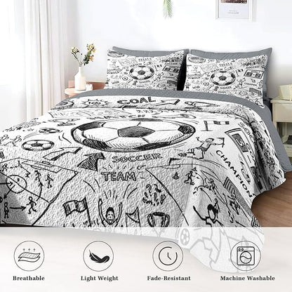 Quilt Set Twin Size, Game Soccer Painting 2 Pcs Soft Bed Cover Bedding Set for Kids and Adults, Football Ball Cup Sport Lightweight Bedspread Coverlet with Pillow Sham for All Season